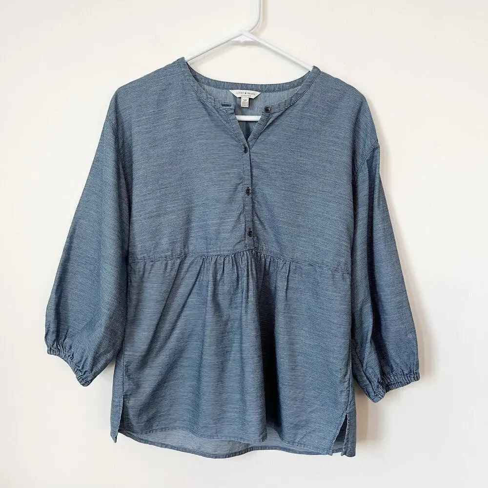 Lucky Brand Womens Striped Popover Top Indigo Multi Small Casual Cotton Lyocell - Picture 3 of 12